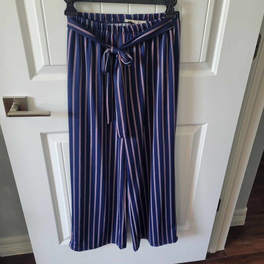 Tiffany & Grey Wide Leg Pants Large Blue, Red & White Stripe Elastic Waist Flowy
